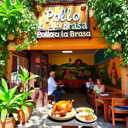 A cozy hostel named 'Pollo a la Brasa', featuring a warm, welcoming facade adorned with colorful Peruvian decorations