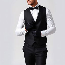 A man elegantly dressed in formal attire, featuring black formal trousers and a long-sleeve white formal shirt