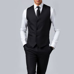 A man elegantly dressed in formal attire, featuring black formal trousers and a long-sleeve white formal shirt