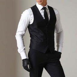 A man elegantly dressed in formal attire, featuring black formal trousers and a long-sleeve white formal shirt