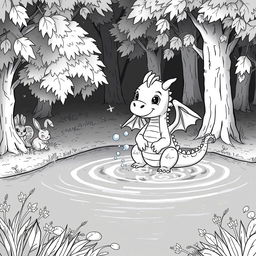 A whimsical medieval scene featuring a cute dragon cleaning itself in a serene lake surrounded by lush forest greenery