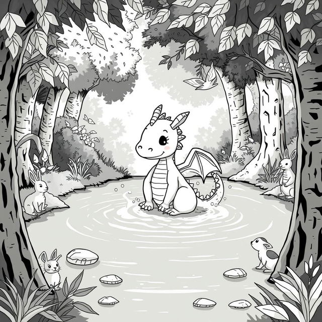 A whimsical medieval scene featuring a cute dragon cleaning itself in a serene lake surrounded by lush forest greenery