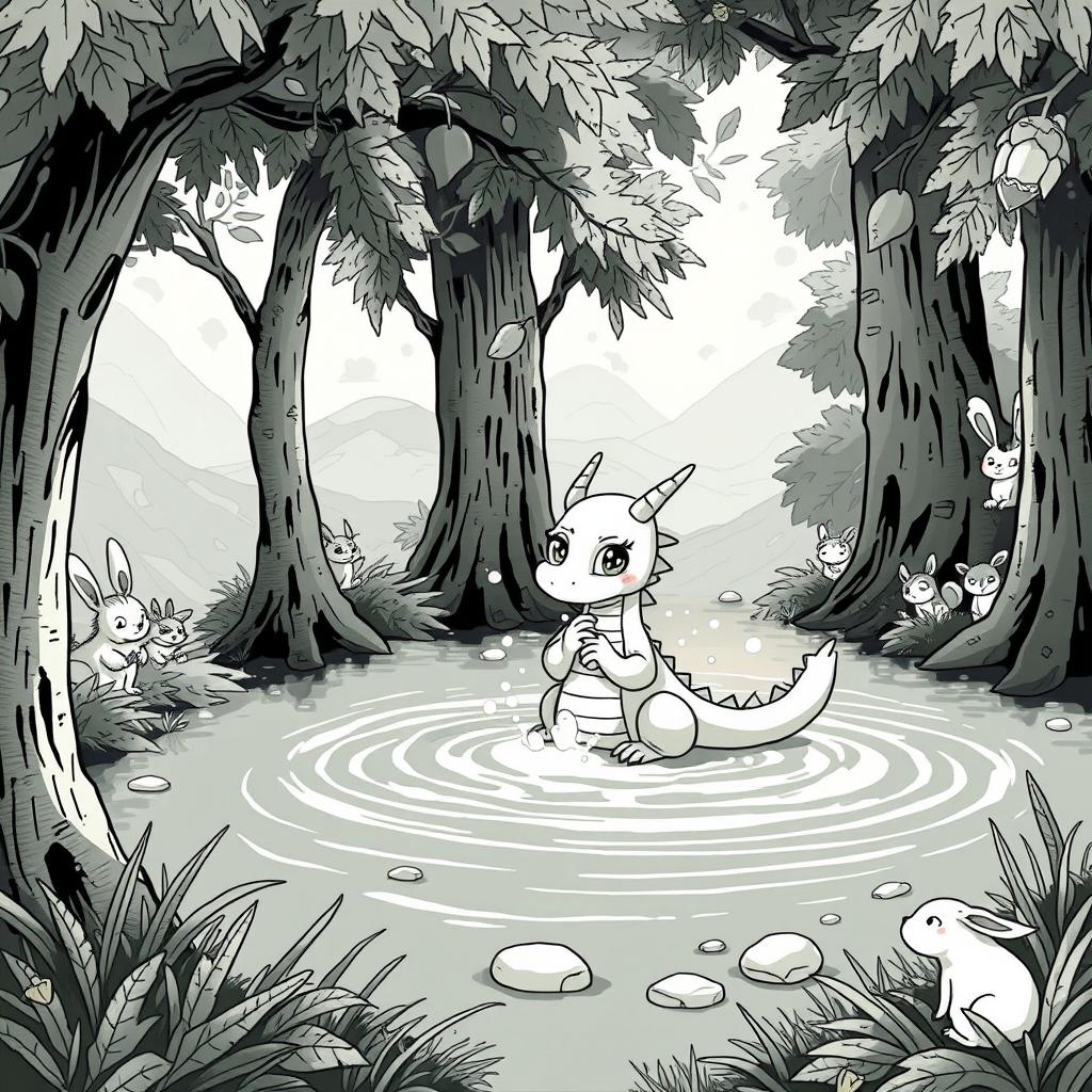 A whimsical medieval scene featuring a cute dragon cleaning itself in a serene lake surrounded by lush forest greenery