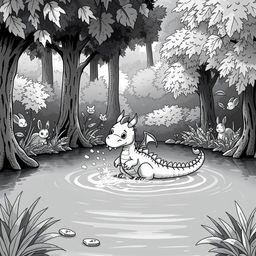 A whimsical medieval scene featuring a cute dragon cleaning itself in a serene lake surrounded by lush forest greenery
