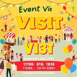 A vibrant and eye-catching poster for an event visit, featuring a lively and colorful background with illustrations of people interacting and enjoying various activities