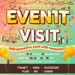 A vibrant and eye-catching poster for an event visit, featuring a lively and colorful background with illustrations of people interacting and enjoying various activities