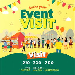 A vibrant and eye-catching poster for an event visit, featuring a lively and colorful background with illustrations of people interacting and enjoying various activities