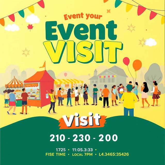 A vibrant and eye-catching poster for an event visit, featuring a lively and colorful background with illustrations of people interacting and enjoying various activities