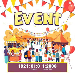 A vibrant and eye-catching poster for an event visit, featuring a lively and colorful background with illustrations of people interacting and enjoying various activities