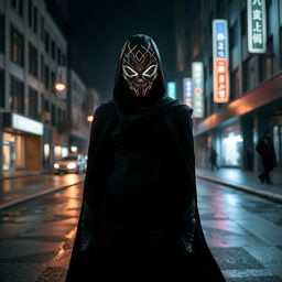 A mysterious figure wearing a sleek, futuristic mask, standing in an urban setting at night
