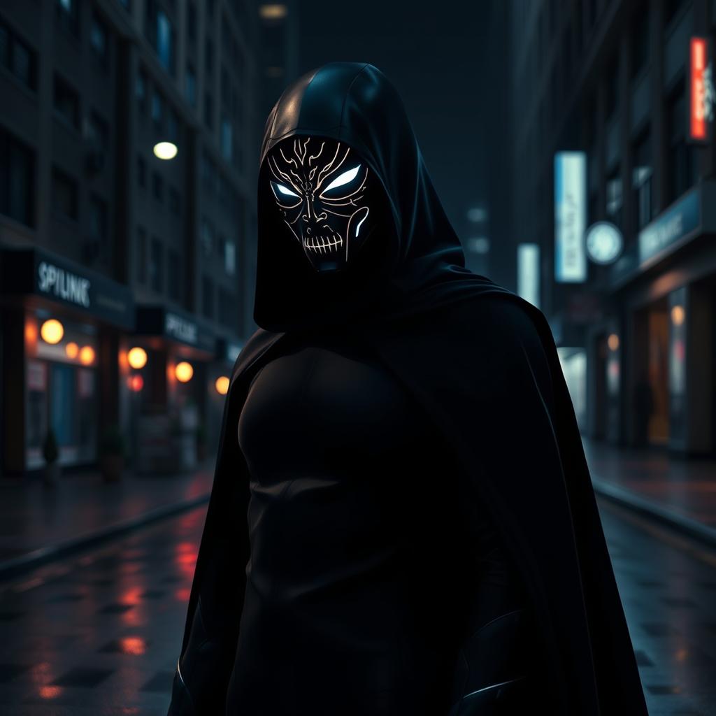 A mysterious figure wearing a sleek, futuristic mask, standing in an urban setting at night