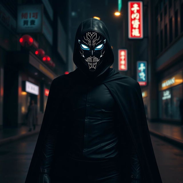 A mysterious figure wearing a sleek, futuristic mask, standing in an urban setting at night