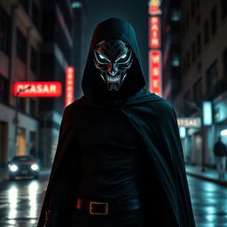 A mysterious figure wearing a sleek, futuristic mask, standing in an urban setting at night