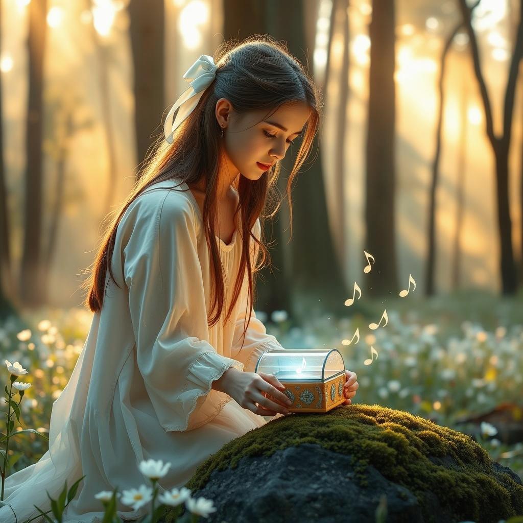 A young woman with long, flowing hair tied with an elegant white hair bow, wearing a light, flowing pastel-colored dress, kneeling in a magical forest filled with glowing flowers, faint mist, and golden sunlight filtering through the tall trees