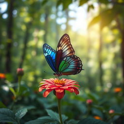 A stunningly realistic butterfly resting delicately on a vibrant flower in a natural setting, showcasing the intricate details of the butterfly's colorful wings and the surrounding lush greenery