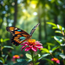 A stunningly realistic butterfly resting delicately on a vibrant flower in a natural setting, showcasing the intricate details of the butterfly's colorful wings and the surrounding lush greenery