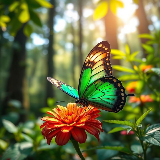 A stunningly realistic butterfly resting delicately on a vibrant flower in a natural setting, showcasing the intricate details of the butterfly's colorful wings and the surrounding lush greenery