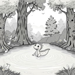 A charming medieval scene depicting a cute dragon happily swimming in a tranquil lake nestled within a lush forest
