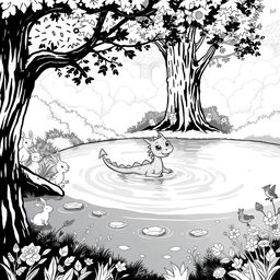A charming medieval scene depicting a cute dragon happily swimming in a tranquil lake nestled within a lush forest
