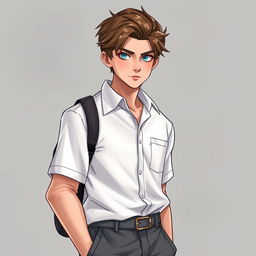 A high school student depicted in a novel cover style, wearing a cool school uniform consisting of a white shirt and gray pants