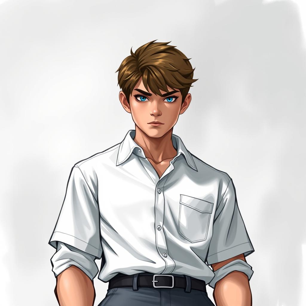 A high school student depicted in a novel cover style, wearing a cool school uniform consisting of a white shirt and gray pants