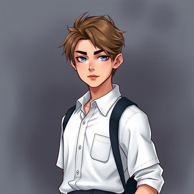 A high school student depicted in a novel cover style, wearing a cool school uniform consisting of a white shirt and gray pants