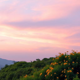 A landscape setting that features a harmonious blend of colors present in the first photo, which includes soft pastel hues of pink, blue, and lavender in the sky, and lush greenery with vivid touches of yellow and orange in the foreground