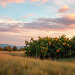 A landscape setting that features a harmonious blend of colors present in the first photo, which includes soft pastel hues of pink, blue, and lavender in the sky, and lush greenery with vivid touches of yellow and orange in the foreground