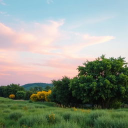 A landscape setting that features a harmonious blend of colors present in the first photo, which includes soft pastel hues of pink, blue, and lavender in the sky, and lush greenery with vivid touches of yellow and orange in the foreground