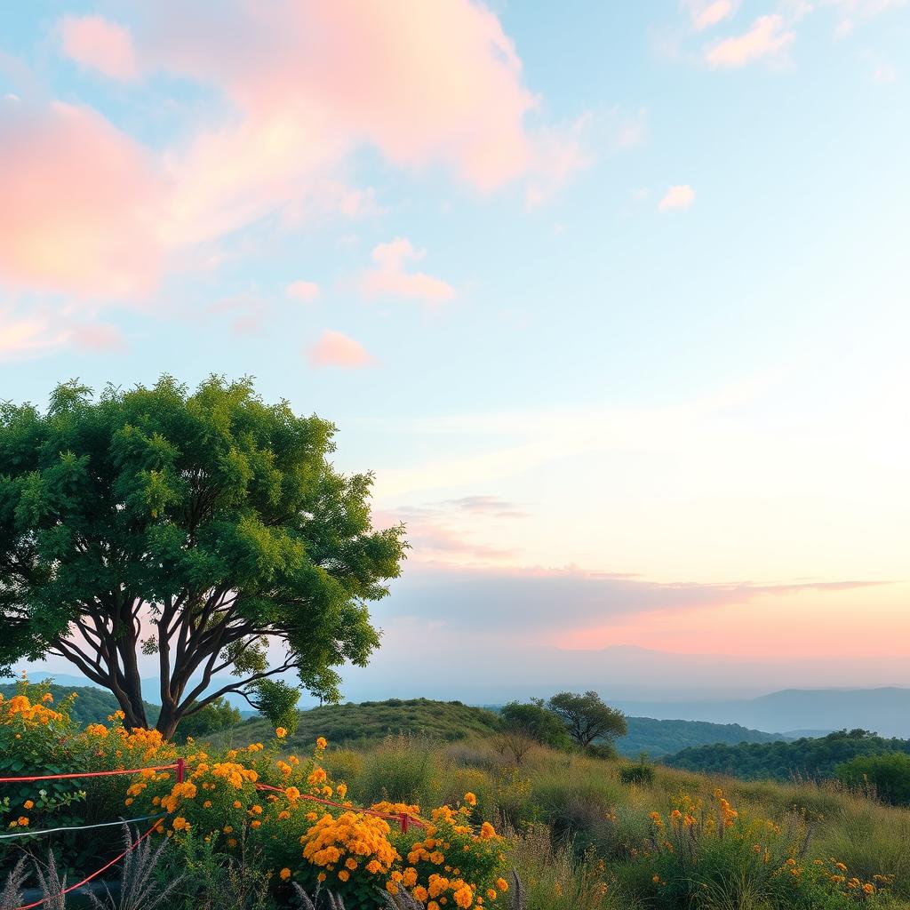 A landscape setting that features a harmonious blend of colors present in the first photo, which includes soft pastel hues of pink, blue, and lavender in the sky, and lush greenery with vivid touches of yellow and orange in the foreground
