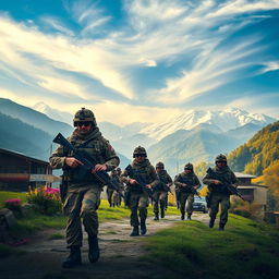 A dramatic poster showcasing the Indian Army in the picturesque Kashmir Valley, featuring soldiers in tactical gear navigating through stunning snow-capped mountains and lush green landscapes
