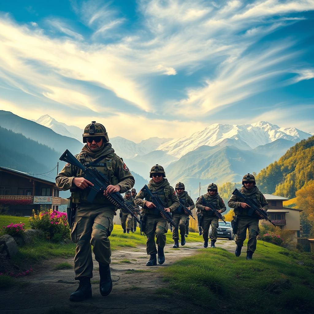A dramatic poster showcasing the Indian Army in the picturesque Kashmir Valley, featuring soldiers in tactical gear navigating through stunning snow-capped mountains and lush green landscapes