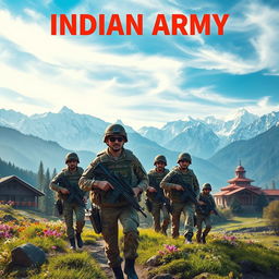 A dramatic poster showcasing the Indian Army in the picturesque Kashmir Valley, featuring soldiers in tactical gear navigating through stunning snow-capped mountains and lush green landscapes