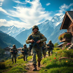 A dramatic poster showcasing the Indian Army in the picturesque Kashmir Valley, featuring soldiers in tactical gear navigating through stunning snow-capped mountains and lush green landscapes