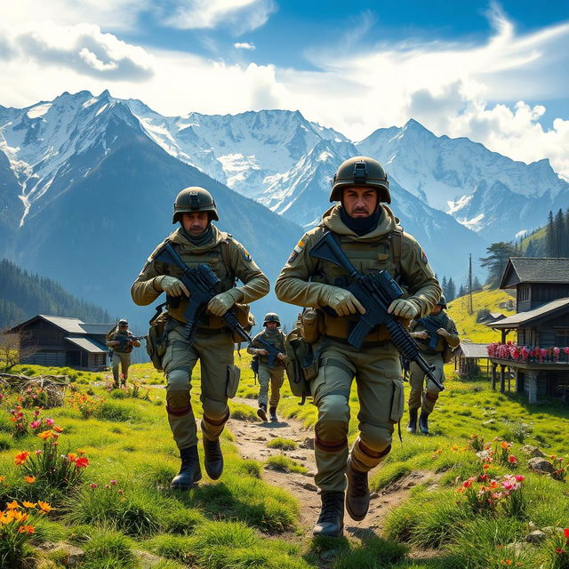 A dramatic poster showcasing the Indian Army in the picturesque Kashmir Valley, featuring soldiers in tactical gear navigating through stunning snow-capped mountains and lush green landscapes