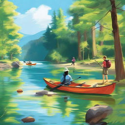 A high-resolution digital art image showcasing a variety of outdoor activities, with a strong emphasis on kayaking