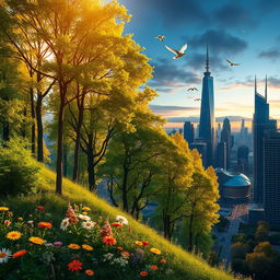 A surrealistic scene featuring a vibrant fusion of elements from two distinct images: one depicting a serene forest landscape bathed in golden sunlight with lush green trees and vibrant wildflowers, and the other showcasing a futuristic city skyline at dusk with glowing neon lights and sleek, metallic buildings