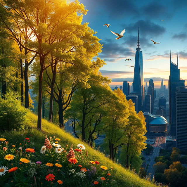 A surrealistic scene featuring a vibrant fusion of elements from two distinct images: one depicting a serene forest landscape bathed in golden sunlight with lush green trees and vibrant wildflowers, and the other showcasing a futuristic city skyline at dusk with glowing neon lights and sleek, metallic buildings