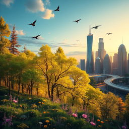 A surrealistic scene featuring a vibrant fusion of elements from two distinct images: one depicting a serene forest landscape bathed in golden sunlight with lush green trees and vibrant wildflowers, and the other showcasing a futuristic city skyline at dusk with glowing neon lights and sleek, metallic buildings