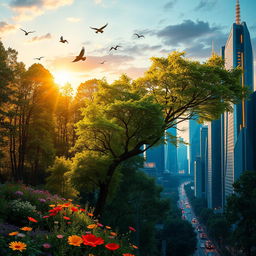 A surrealistic scene featuring a vibrant fusion of elements from two distinct images: one depicting a serene forest landscape bathed in golden sunlight with lush green trees and vibrant wildflowers, and the other showcasing a futuristic city skyline at dusk with glowing neon lights and sleek, metallic buildings