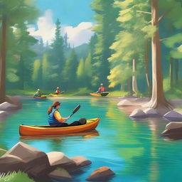 A high-resolution digital art image showcasing a variety of outdoor activities, with a strong emphasis on kayaking