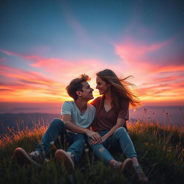 A passionate young couple deeply in love, gazing into each other's eyes under a starlit sky