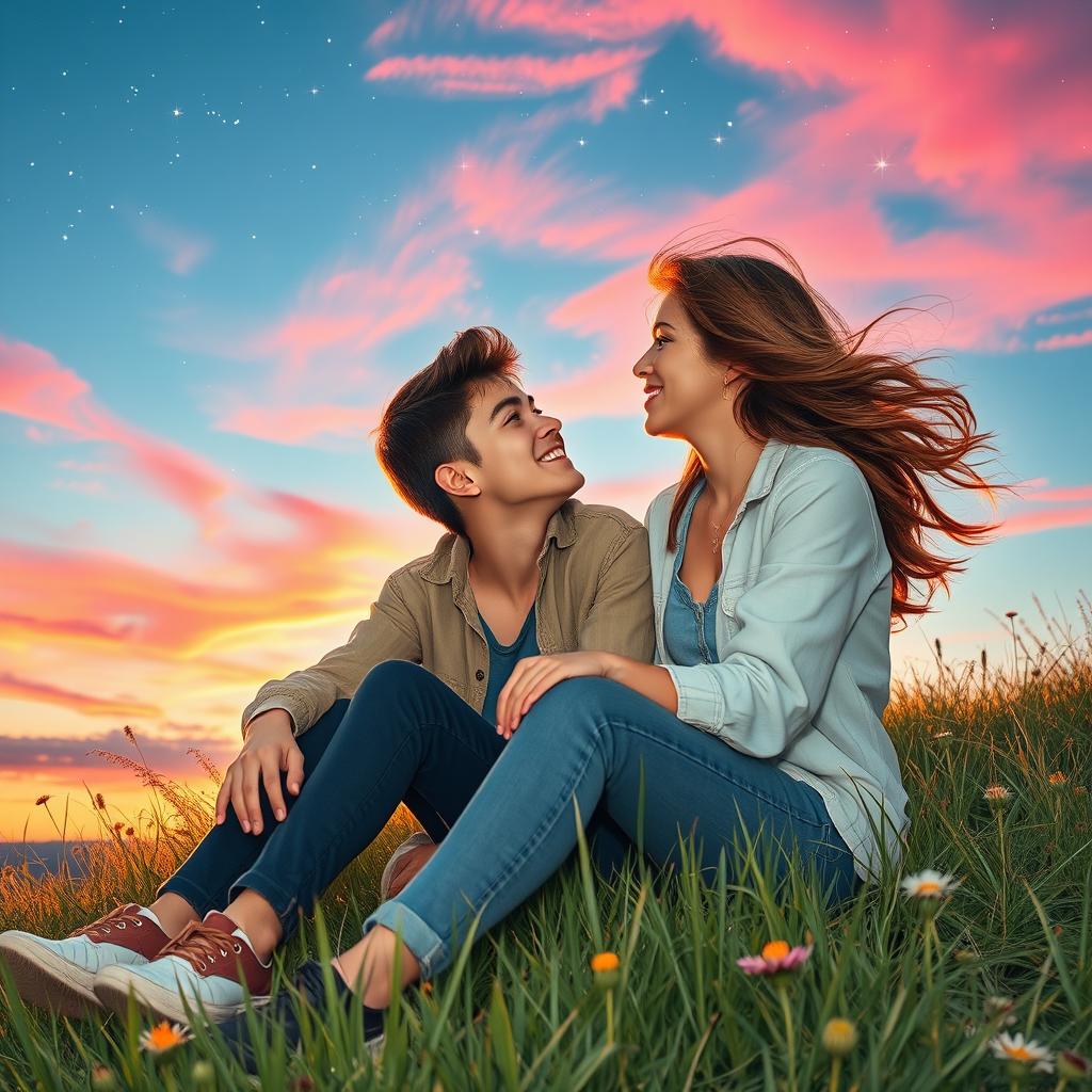 A passionate young couple deeply in love, gazing into each other's eyes under a starlit sky