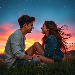 A passionate young couple deeply in love, gazing into each other's eyes under a starlit sky