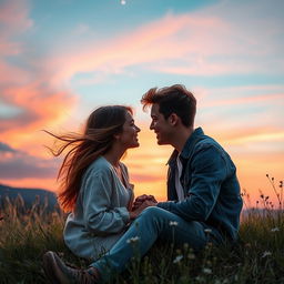 A passionate young couple deeply in love, gazing into each other's eyes under a starlit sky