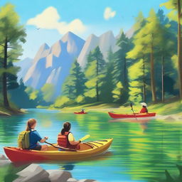 A high-resolution digital art image showcasing a variety of outdoor activities, with a strong emphasis on kayaking