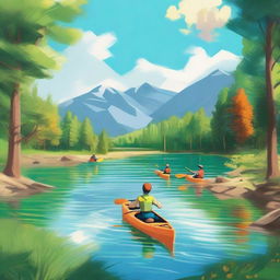 A high-resolution digital art image showcasing a variety of outdoor activities, with a strong emphasis on kayaking