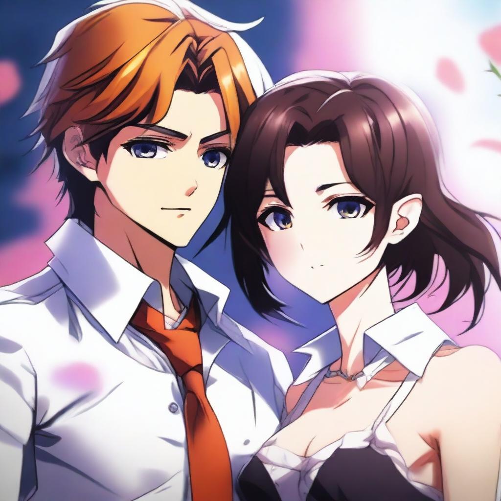 A high-quality digital anime art piece, portraying a sophisticated couple standing next to each other in a playful teasing manner