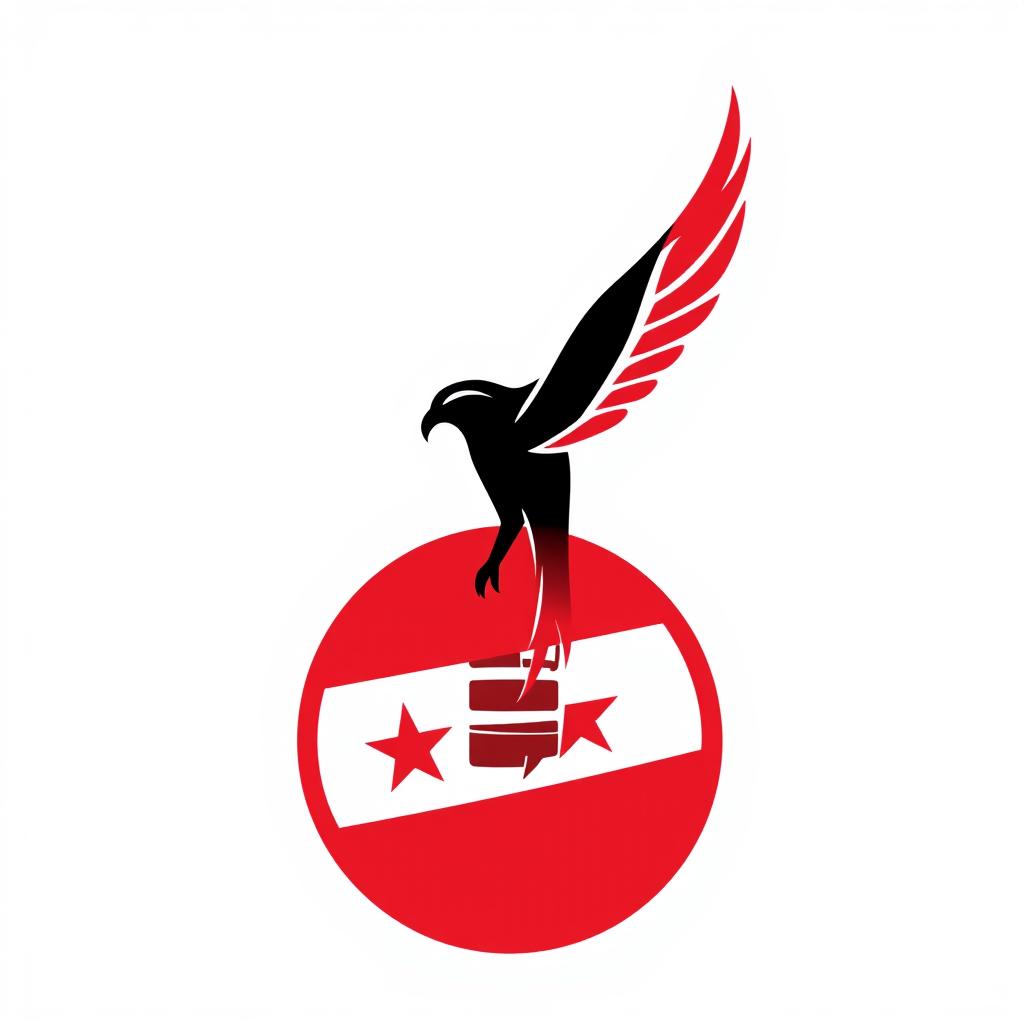 A simple and modern logo design featuring a stylized falcon emerging from a media symbol, incorporating the colors of the Syrian Revolution flag: red, black, and white