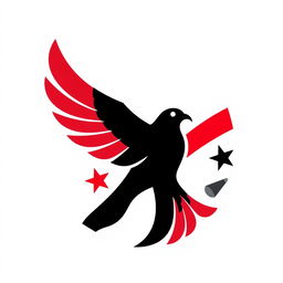 A simple and modern logo design featuring a stylized falcon emerging from a media symbol, incorporating the colors of the Syrian Revolution flag: red, black, and white